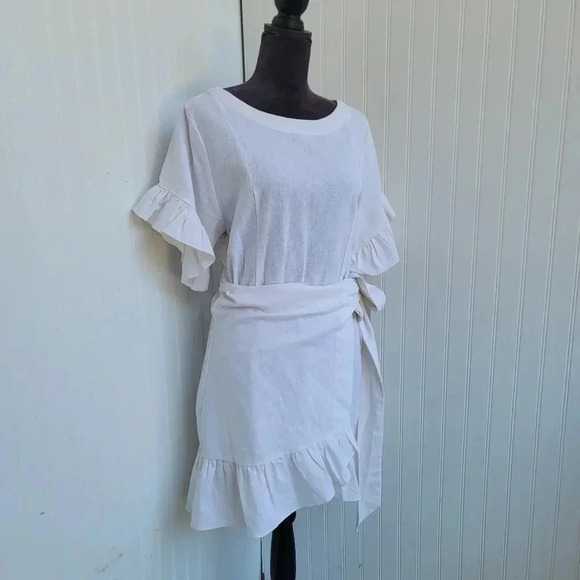 NWT Socialite Ruffle Flare Wrap Tie Linen Blend Dress Women Stylish Ivoy Sz M - Picture 9 of 13